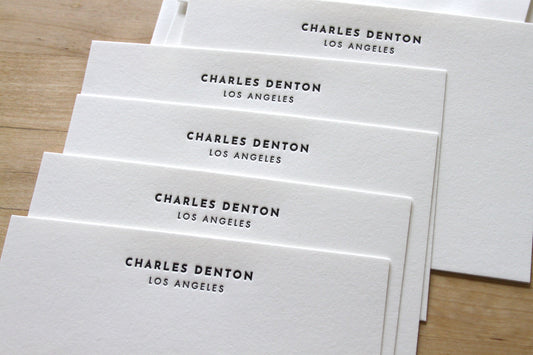 Bold Headline letterpress notecards centered name layout, personalized return address envelope, professional correspondence cards on cotton paper