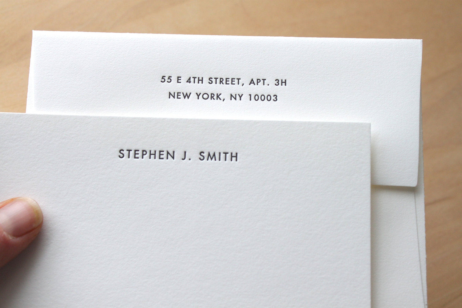 Personalized letterpress notecard printed with name in classic typeface on high quality cotton paper