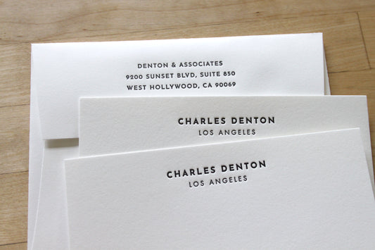 Bold Headline letterpress notecard with name and city centered at top, personalized return address envelope, cotton paper professional stationery