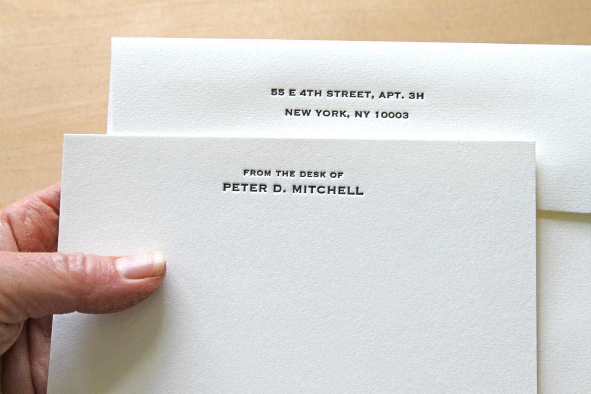 Personalized letterpress notecards "From the Desk of" printed in copperplate font on cotton paper
