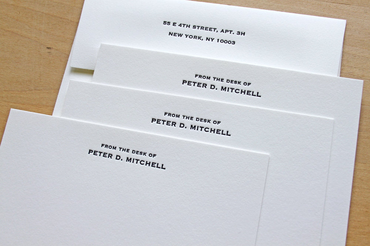 Set of personalized letterpress notecards with copperplate heading and matching return addressed envelopes 