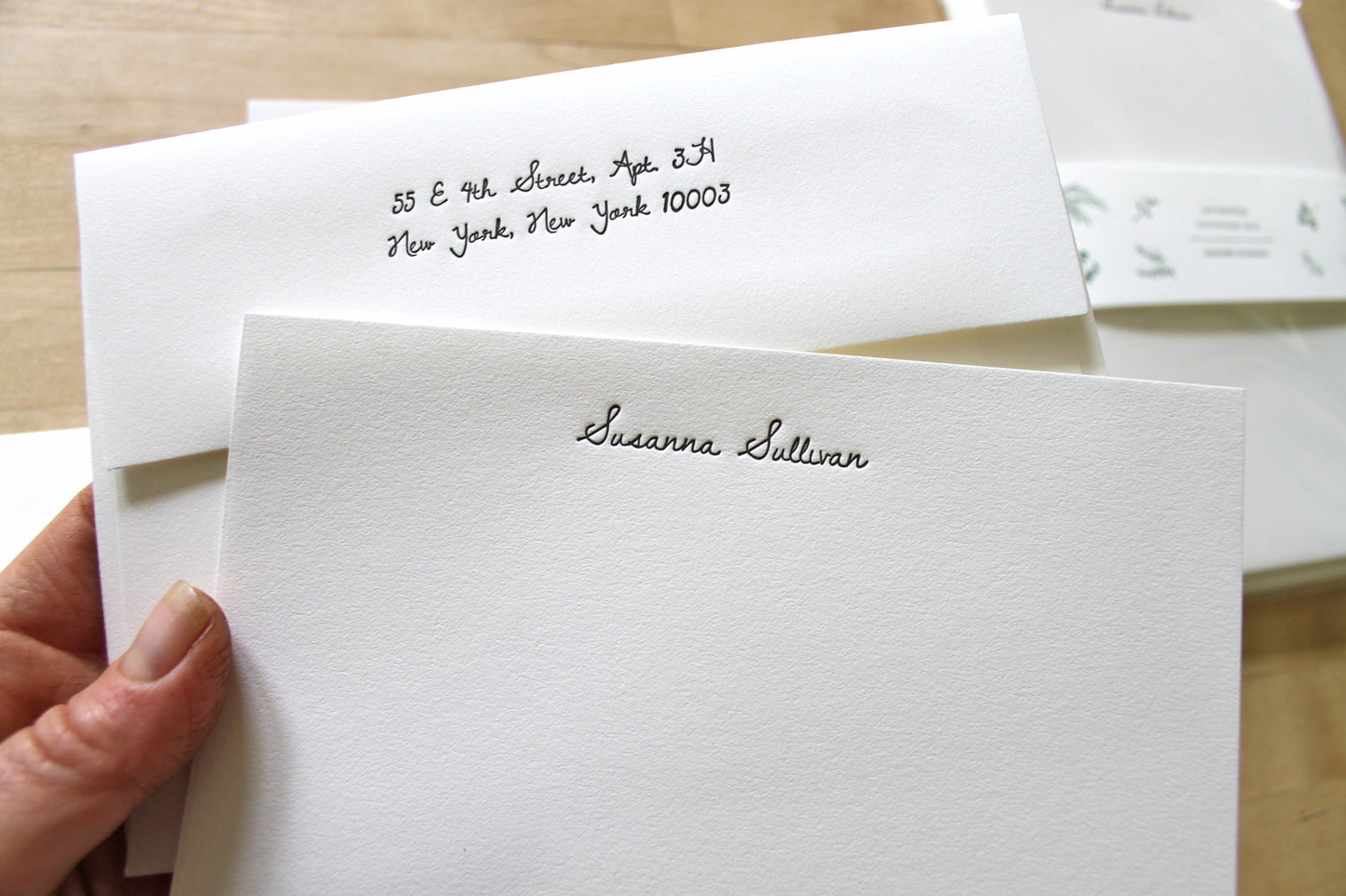 Hand writing personalized letterpress correspondence sheet with elegant cotton paper texture