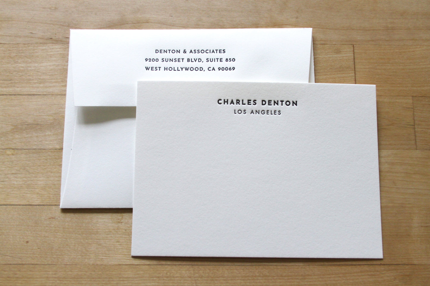 Personalized letterpress stationery fanned display, Bold Headline design with name and city, handcrafted cotton paper stationery for professionals