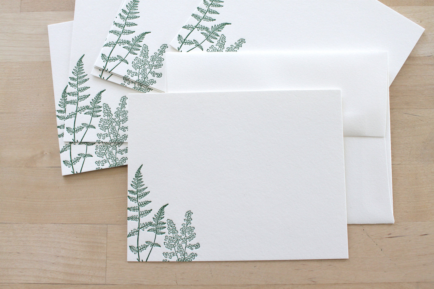 Stack of fern design letterpress thank you cards on cotton paper by Moontree Letterpress