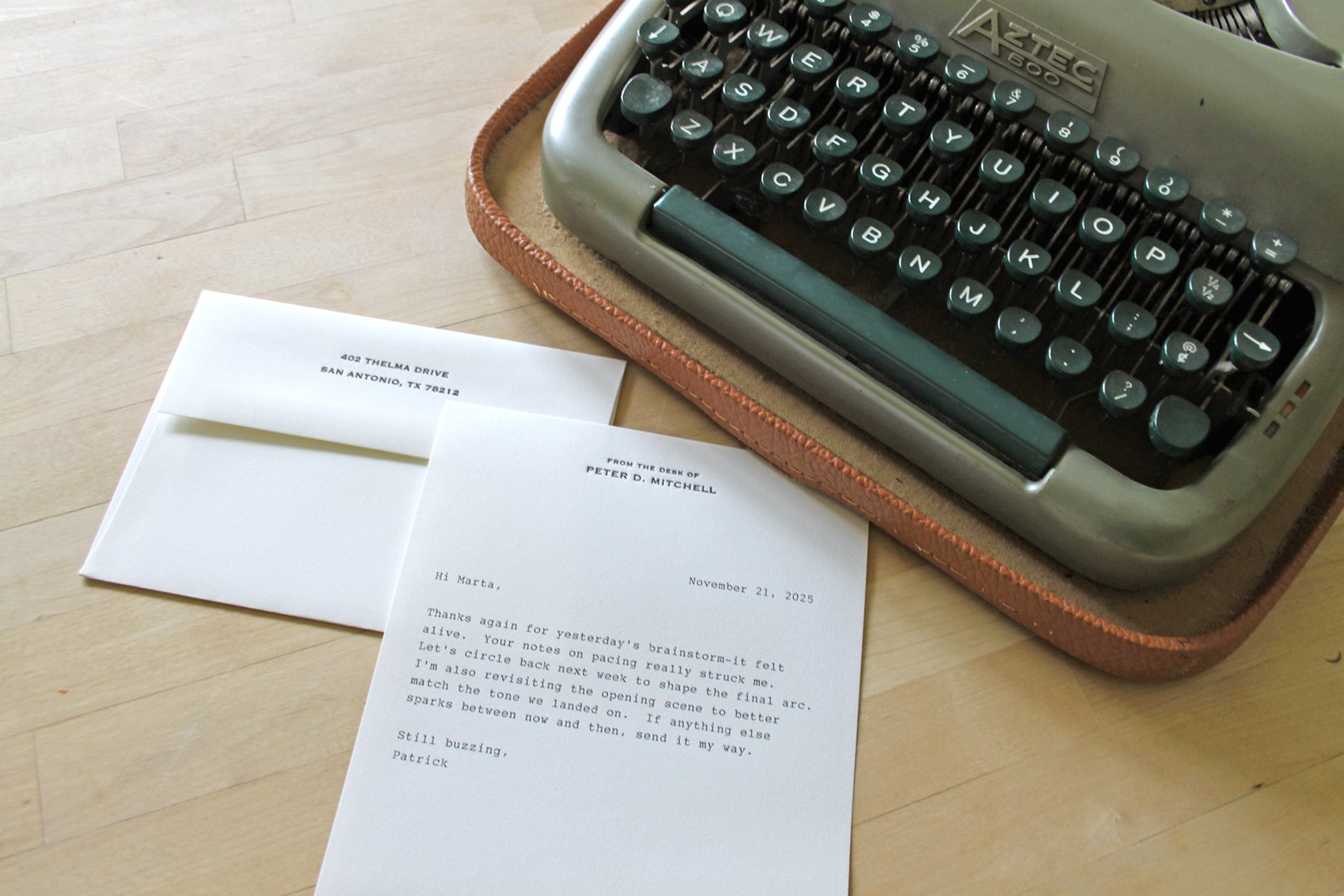 Personalized letterpress letter sheet pictured with vintage typewriter for correspondence