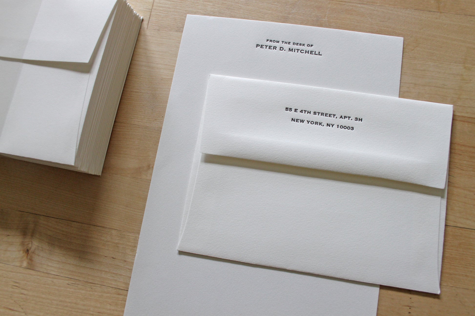 Copperplate-style letterpress stationery sheet and envelope with personal return address, from the desk of a personalized set
