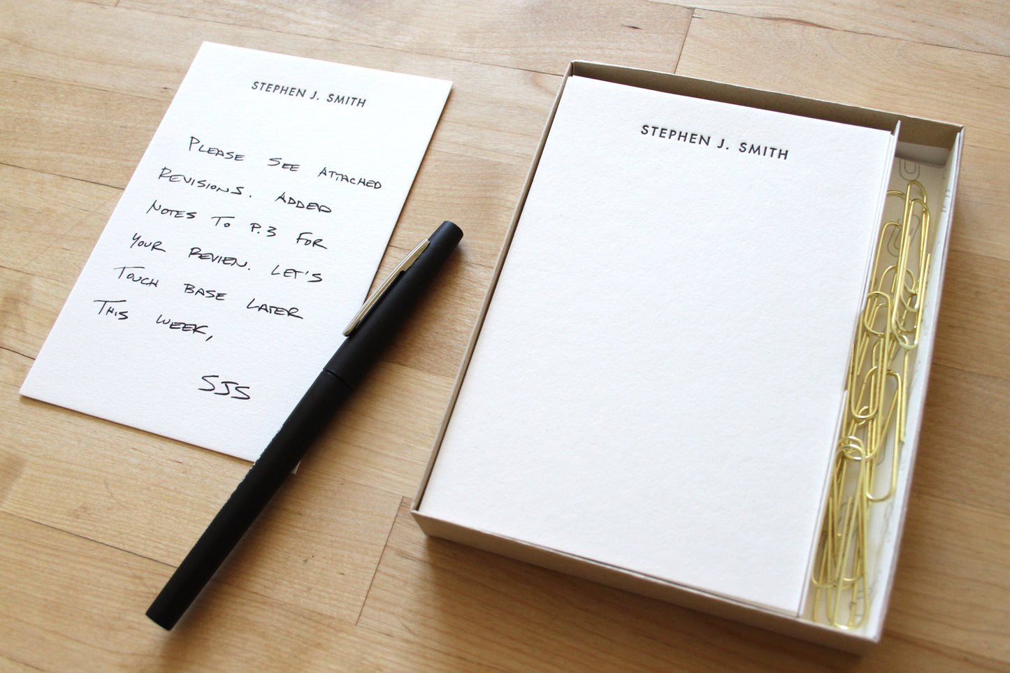 Custom personalized letterpress jotter notes for desk stationery, gift-ready in kraft box packaging