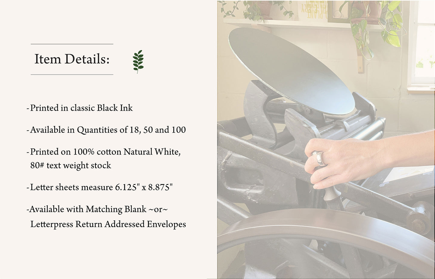 Hand-printing process on antique letterpress machine for personalized stationery