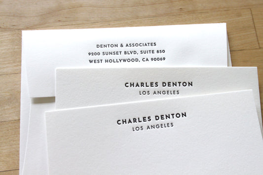 Bold headline letterpress business stationery personalized with name and city on cotton paper