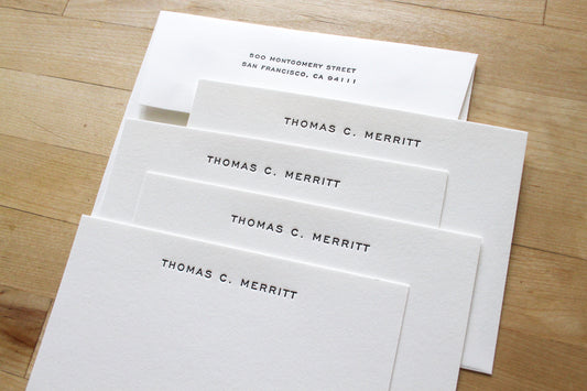 Personalized letterpress notecard in engravers font with matching return-addressed envelope