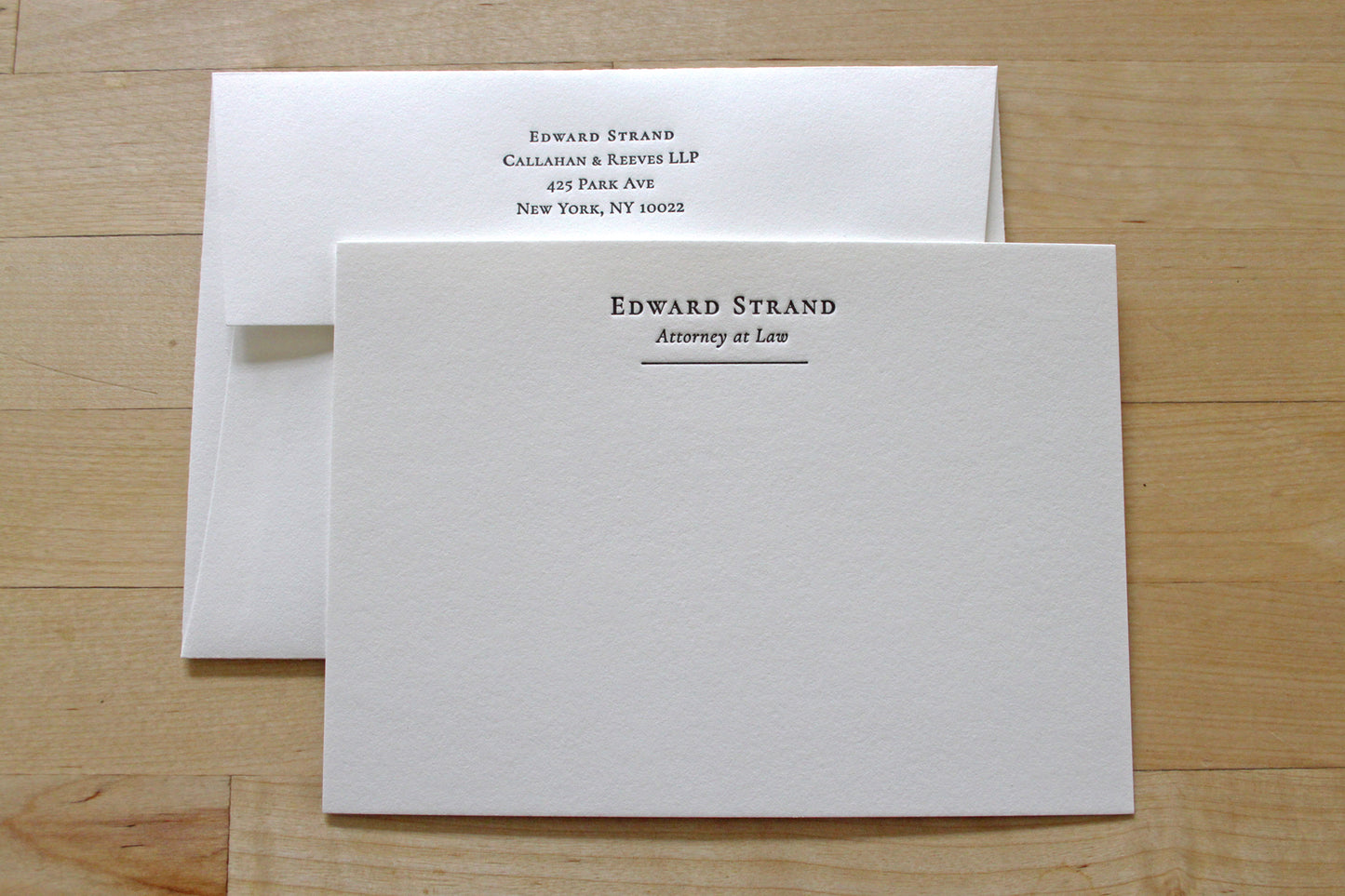 Personalized Name + Title letterpress notecards with matching return address envelope, serif name and italic title design, professional attorney stationery on cotton paper