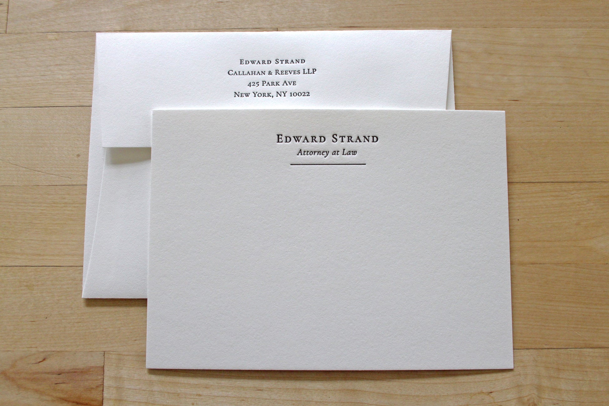 Personalized Name + Title letterpress notecards with matching return address envelope, serif name and italic title design, professional attorney stationery on cotton paper