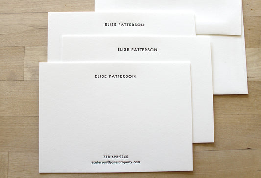 Modern Stacked Center personalized letterpress stationery in Futura font on premium cotton paper