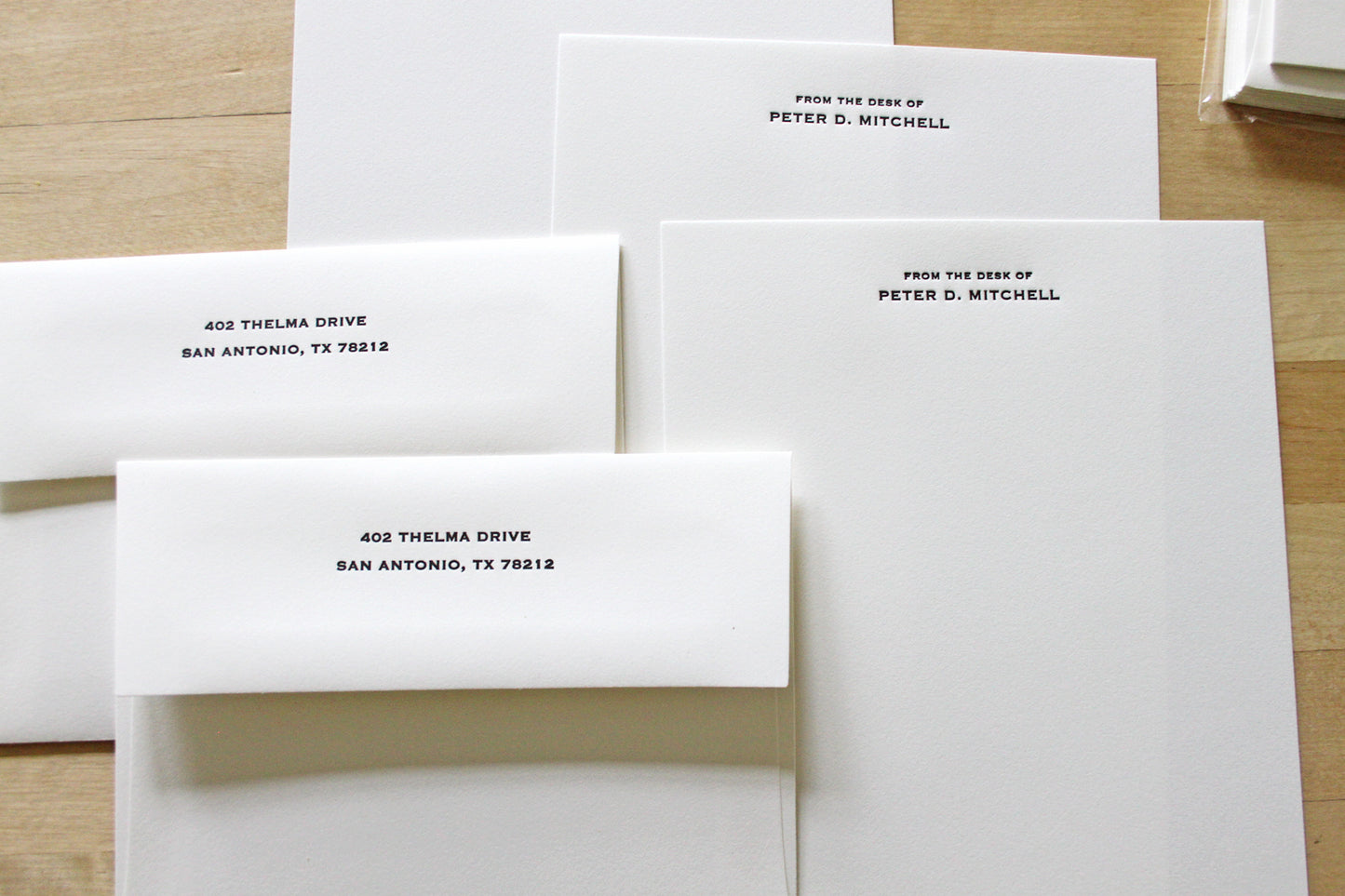 Professional letterpress stationery sheets with name printed on cotton paper, with matching envelope
