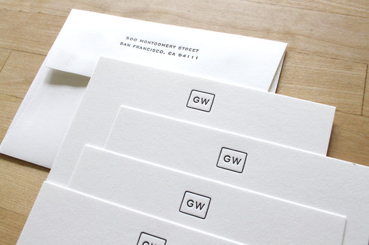 Bound Initials letterpress notecards with boxed initials at top and contact details at bottom left, personalized cotton paper professional stationery