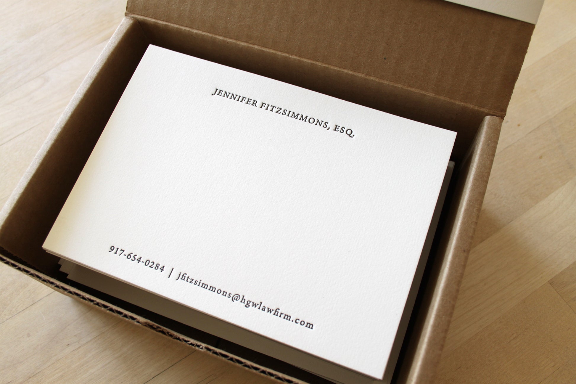 Professional letterpress business notecards thoughtfully packaged in kraft box for safe storage and gift giving