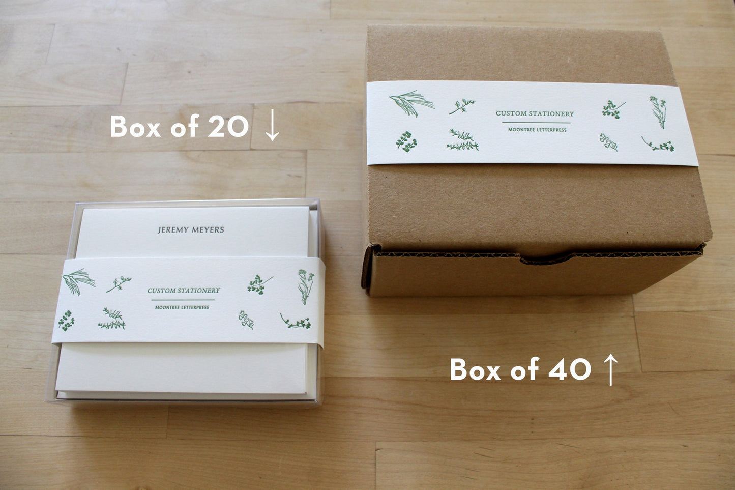Typewriter style personalized letterpress notecard sets in clear top and sturdy gift boxes