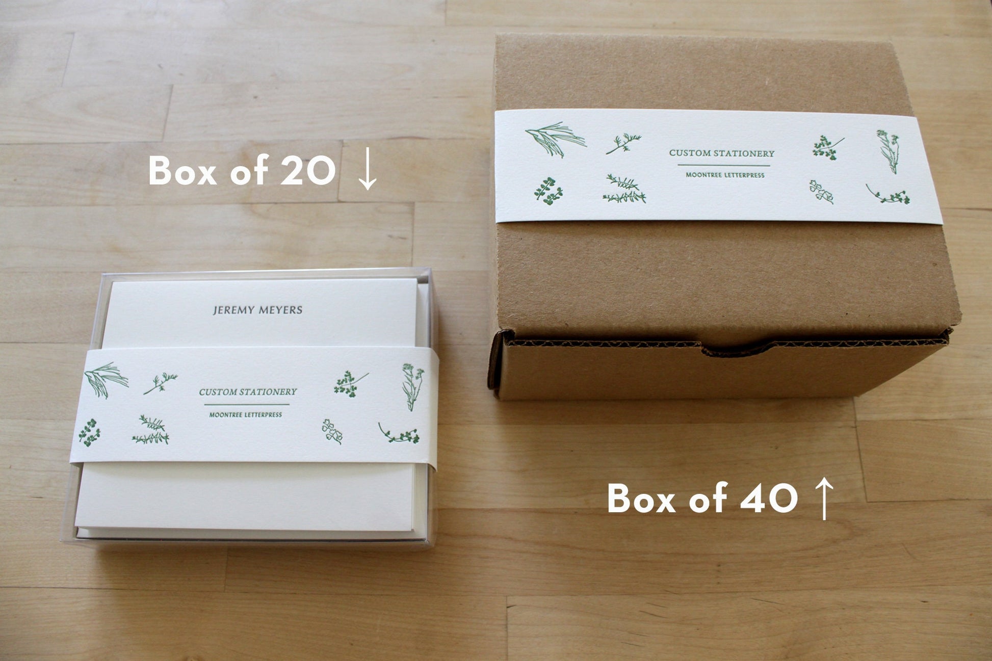 Typewriter style personalized letterpress notecard sets in clear top and sturdy gift boxes