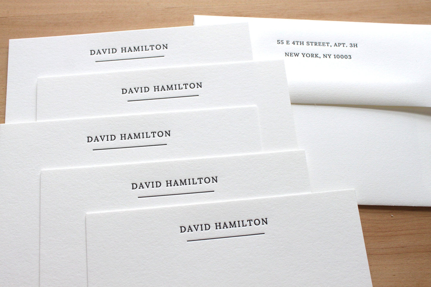 Underlined personalized letterpress notecards with name and return address on cotton paper