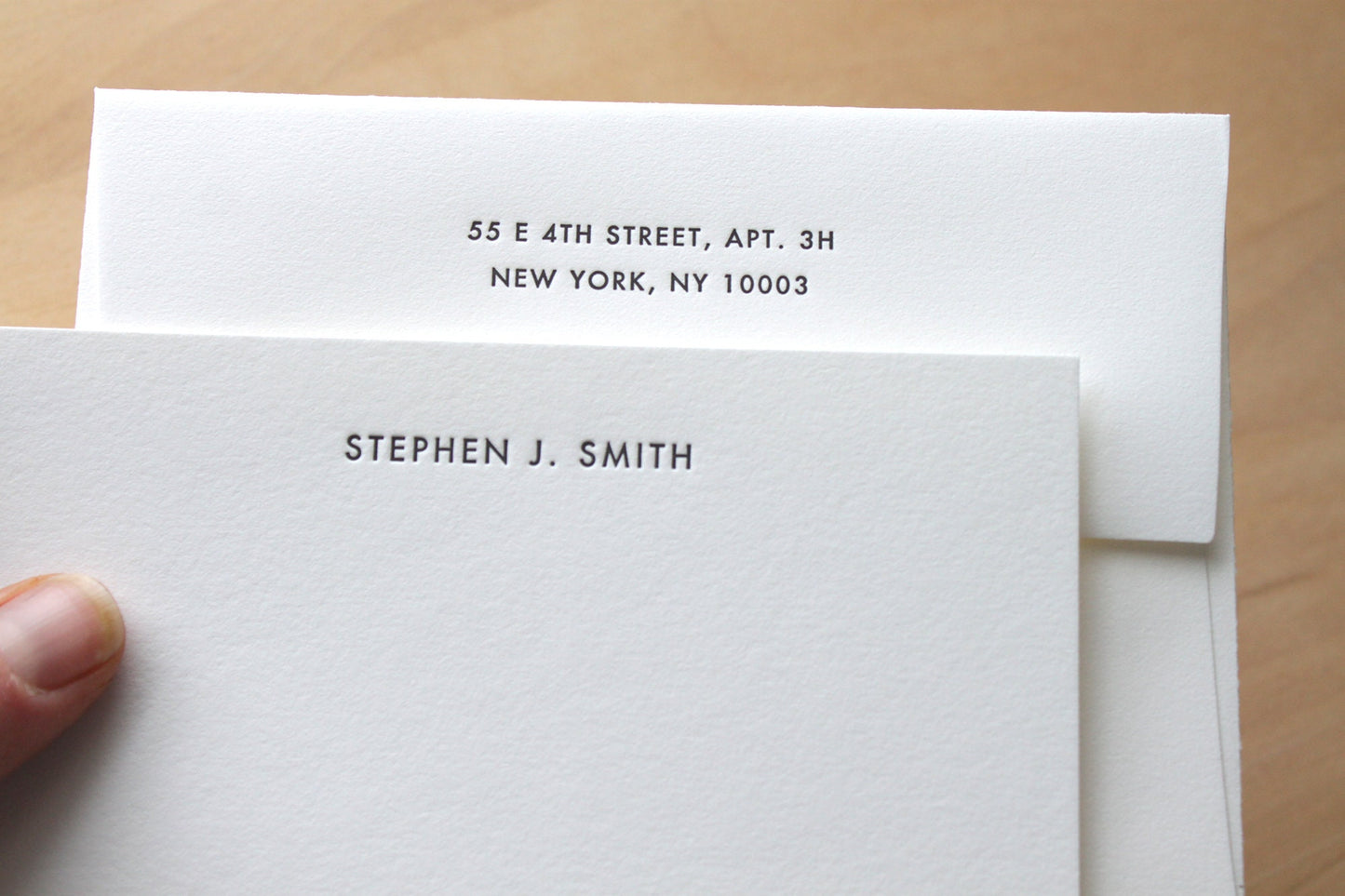Futura letterpress notecard personalized with name in clean sans serif font on cotton paper