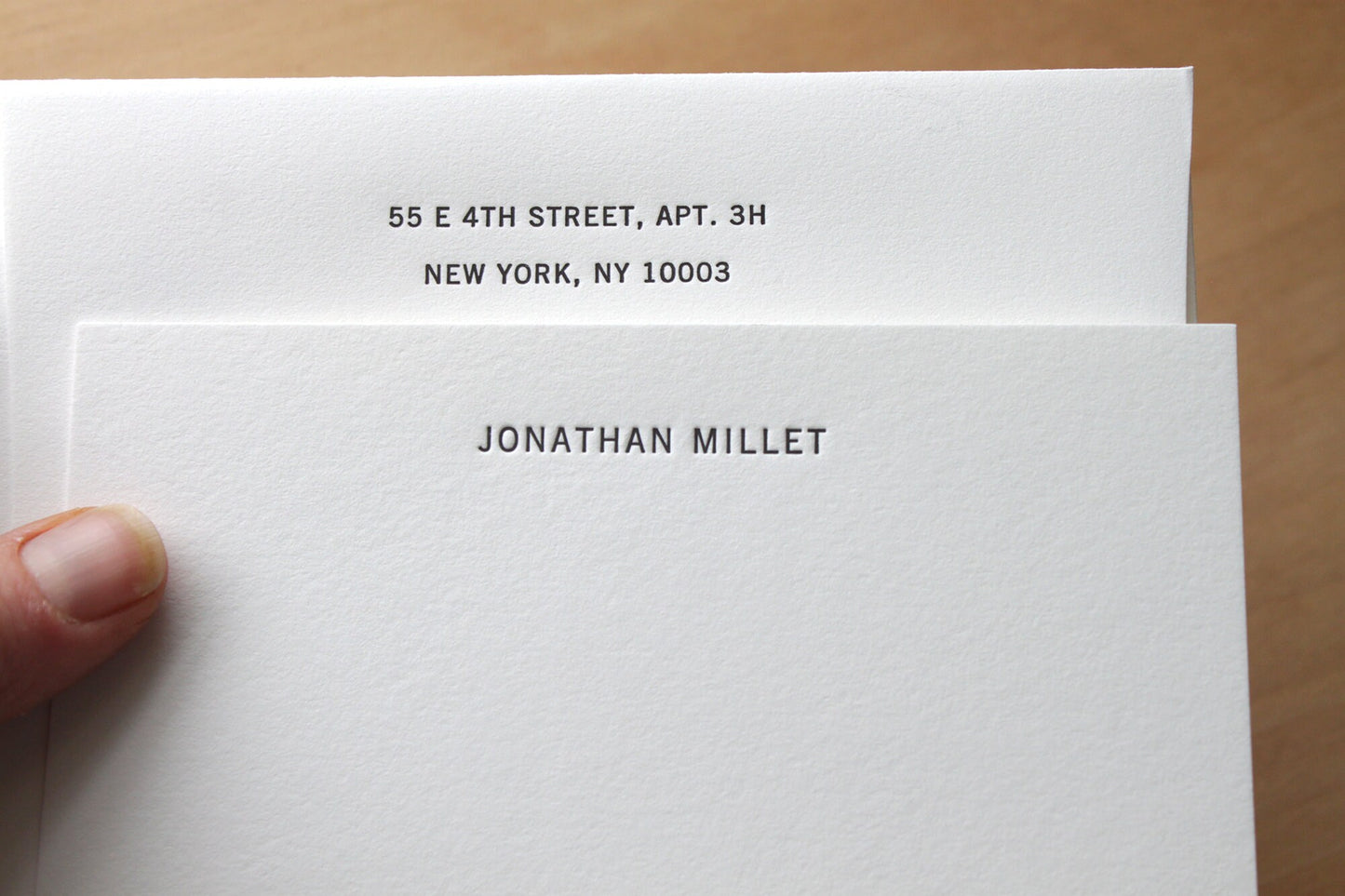 Minimalist sans serif letterpress notecard set with matching envelopes for professional correspondence